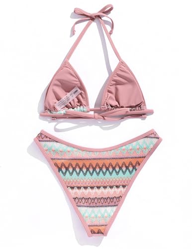 Image of seamoly Women's Bikini Sets Halter Neck Crochet Colorblock Two Piece Swimsuits Open Back Sexy High Cut Thong Bathing Suit