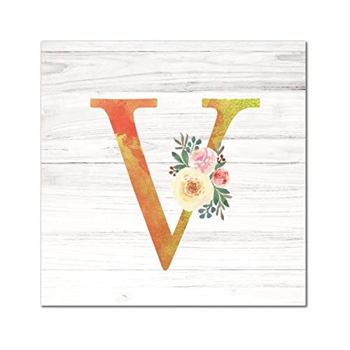 Monogramme bois lettre V avec rose dorée - Plaque murale vintage 41x41 cm pour entrée
