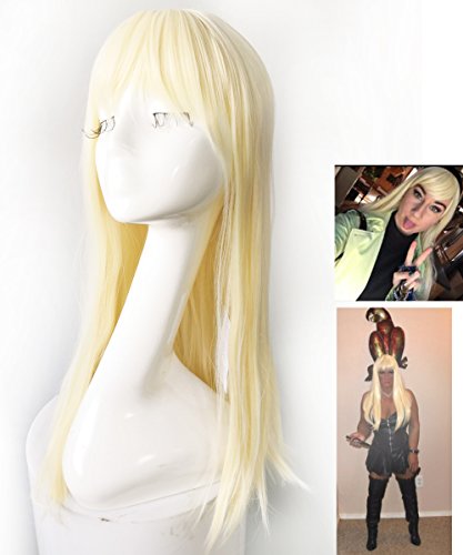 Namecute Bleach Blonde Wig Long Straight Wigs Bangs Full Cap Synthetic Natural Hair for Women 24 Inch + Free Wig Cap