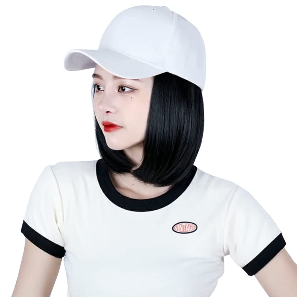 Baseball hat with Bob Straight Short Wig Resistant Synthetic Hair Extension for Women Girl