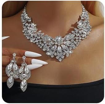 Vintage Crystal Rhinestone Statement Choker Bib Statement Necklace Earring Set Sparkly Chunky Cluster Leaf Flower Necklace Dangle Earrings Set Party Prom Bar Costume Jewelry Sets