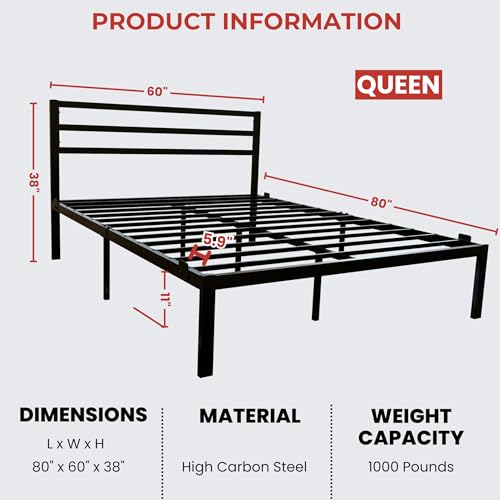 AMBEE21 Golden Gate Beds - Modern Metal Bed Frame, Heavy Duty Steel Platform, 1000 lbs Capacity, No Box Spring Needed, Industrial Farmhouse Design, Under-Bed Storage Space – Black, Queen Size