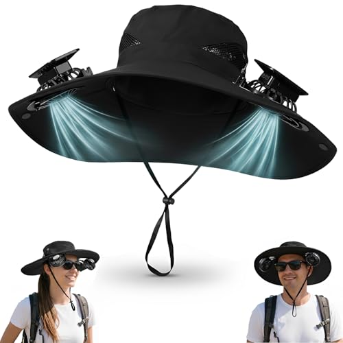 Outdoor Wide Brim Sun Hat with 2 Solar Fan Sun Bucket Hat for Men Women UPF 50+ Bucket Fishing Essentials for Camping Hiking Beach Summer Safari (Black)