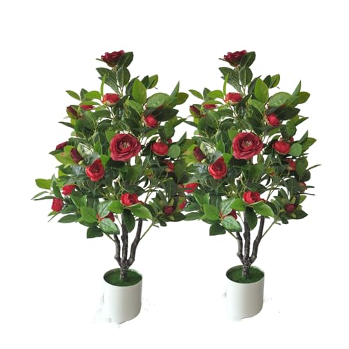 ECOFOREST Artificial Camellia Tree 35in Faux Floral Plant with Red Flowers and Green Leaves - No...