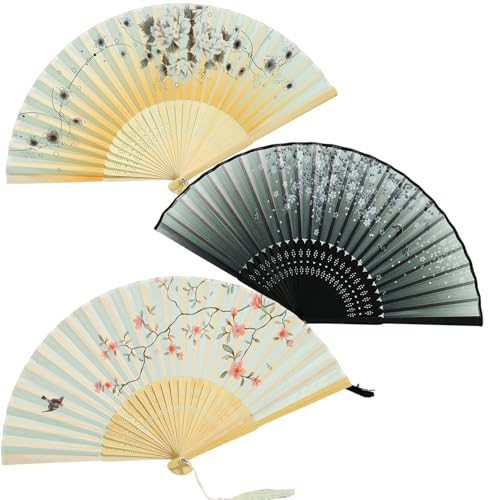 NewChinese Elegant Charm Folding Fan - Abanico de madera de bambú hecho a mano para bodas, cumpleaños, fiestas, verano, elegancia china con borla (3 unidades)