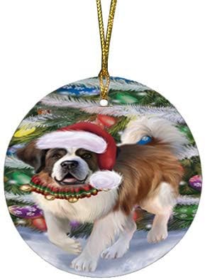Have a Holly Jolly Saint Bernard Dog Round Flat Ornament - Pet Decorative Hanging Ornaments for Christmas X-mas Tree Decorations - 2.75" Round Ceramic Christmas Ornament POR1400