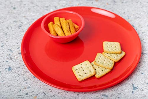 Image of Plastic Unbreakable Round Microwave Safe Full Dinner Plate & Bowl Set (4 Plates & 4 Bowls)- Cherry Red