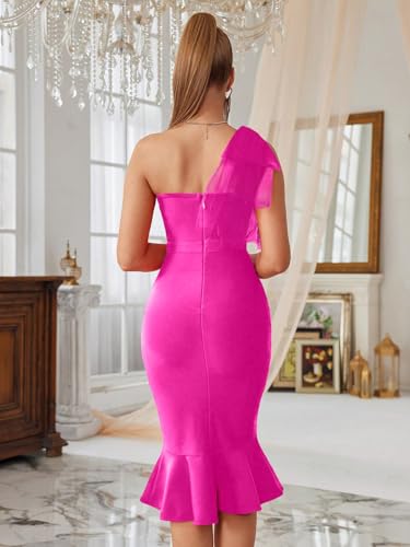 Image of Mesh One Shoulder Bow Midi Dress Fishtail Bandage Cocktail Party Wedding Bridesmaid Evening Gown