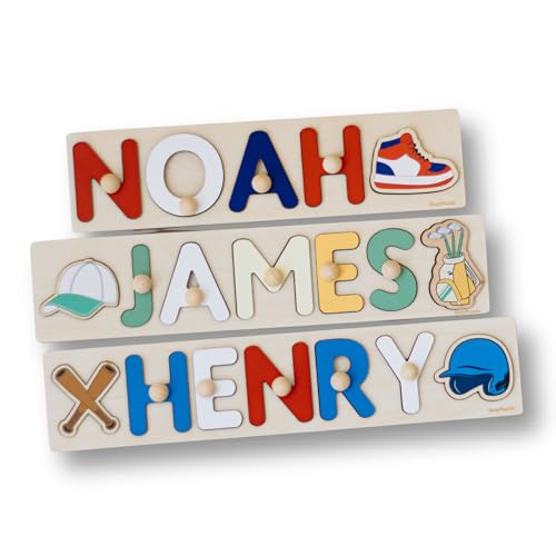 Personalized Sports Name Puzzle for Kids, Custom Baby and Toddler Montessori Toy, Engraved Letters, First Birthday, Easter for Boys and Girls