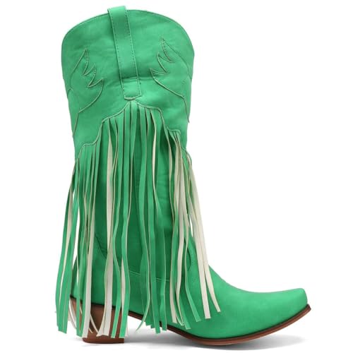 Women Fringe Cowboy Boots Square Toe Mid Calf Embroidered Western Boots Tassel Cowgirl Boots Stacked Chunky Low Heel Boots3