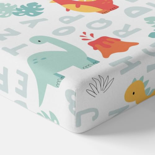 Image of LORETO - A QUALITY LINEN BRAND 144 TC 100% Pure Cotton King Size Fitted Bedsheet with 2 Pillow Covers for 72 x 72 Inch, All-Around Elastic, 8 Inch Deep Pocket, Orange & Mint Alphabet Dino Play