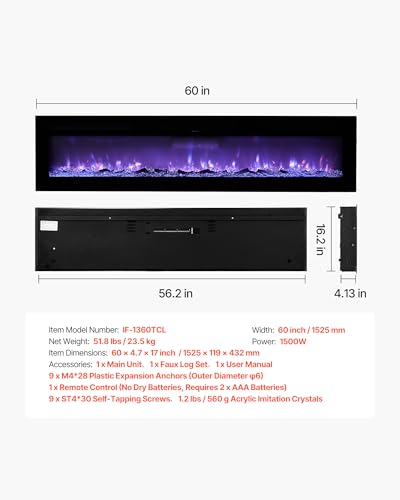 Image of VEVOR 60 inch Electric Fireplace, Wall Mounted Recessed Fire Place with Remote Control, Timer, 1500W, Adjustable Flame Color Brightness, Touch Screen, Overheat Protection, for Living Room,Bedroom