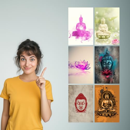 Image of SiddArtify Serene Buddha Art Print Set - Watercolor - Ink - Digital Paintings - Sticker - 12x18 Inch - Pack of 6 Wall Room Decoration art Poster Prints