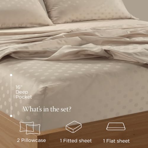 Image of Threadmill Cotton Full Size Sheet Set | 100% Cotton Sheets for Full Size Bed | Damask Jacquard Full Bed Sheets Set with 16 inch Deep Pocket | Soft Sateen Weave 4-Piece Cooling Bedding Set | Beige