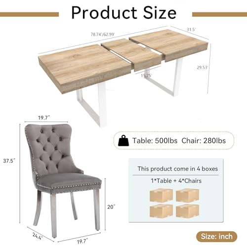 Image of Oak Dining Room Table Set for 4, 5-Piece 63 inch-78.74 inch Extendable Dining Table Set with 4 Upholstered Chairs, Rectangle Wooden Expanding Kitchen Table and Grey Chairs Set