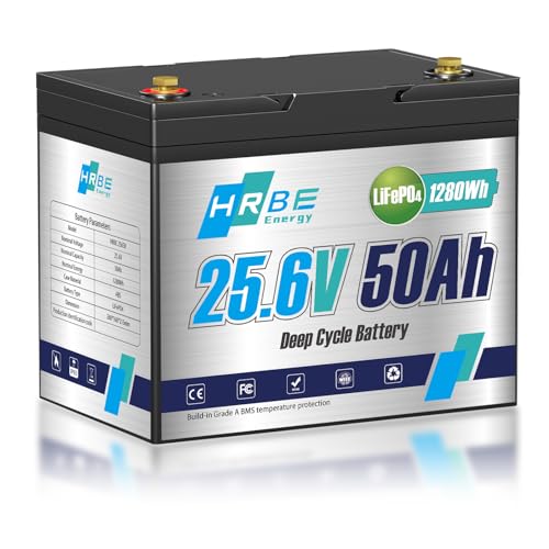 HRBEENERGY 24V 50AH LiFePO4 Batterie 1Pack, eingebaute BMS und Klasse A Zellen, 24V wiederaufladbare Lithium Eisen Phosphat Batterie, 4000-15000 tiefe Zyklen für Wohnmobil, Solar, Trolling Motor