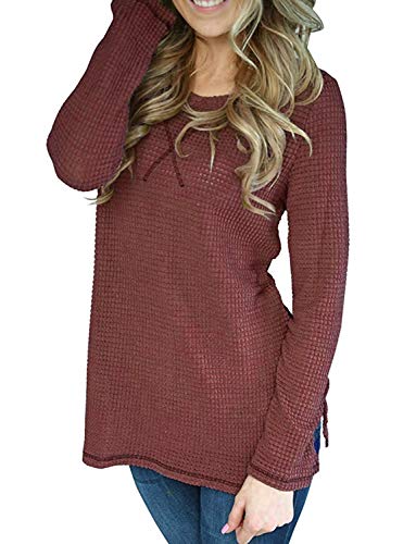 Hount Womens Casual Long Sleeve Waffle Shirts Cute Knit Loose Pullover Tops (Red, M)