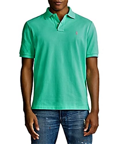Image of POLO RALPH LAUREN Men Custom Fit Mesh Pony Logo Shirt (L, Sunset Green /Pink Pony)