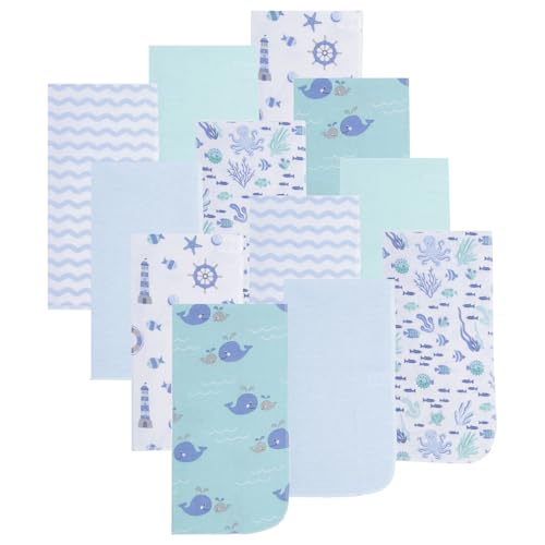Image of EVERYDAY KIDS 12 Pack Burp Cloths for Baby Boy; Newborn Essential with - Large Absorbent Cotton Flannel Blue/Teal Burping Cloths for Babies with Ocean, Sea Shells, Sailboats and Fish Prints and Solids
