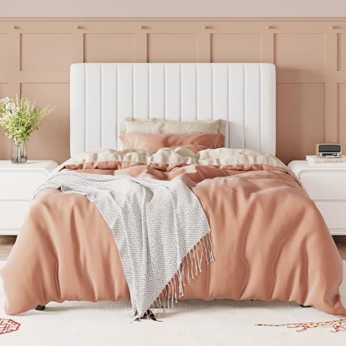 Image of Allewie Twin Bed Frame, Velvet Upholstered Platform Bed with Adjustable Vertical Channel Tufted Headboard, Mattress Foundation with Strong Wooden Slats, Box Spring Optional, Easy Assembly, Off-White
