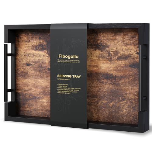 Fibogollo Set of 2 Wooden Serving Trays with Metal Handles