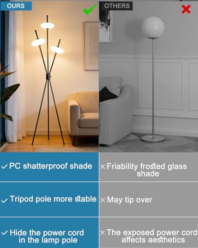 Image of Lightdot Tripod Floor Lamp Stepless Dimmable Black Standing Tall Lamps with 3PCS Elliptical Lampshades Mid Century Modern Floor Lamps for Living Room /Bedroom /Sofa Beside /Corner Decor