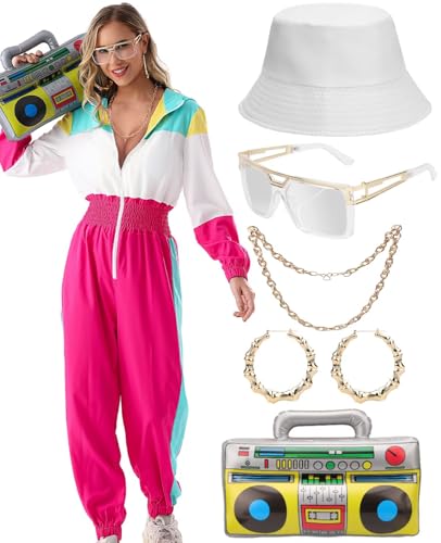 VillbeCoser Women Hoodies Jumpsuit Set 80s 90s Neon Costume Tracksuit Outfit One Piece Windbreaker Jacket Rapper Suit