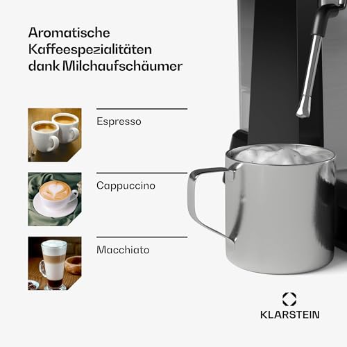 Klarstein GrandPresso Siebträgermaschine Mit Mahlwerk – 20 Bar, 1.350 W, Integriertes Präzisionsmahlwerk, Dampfdüse, 2,3-l-Wassertank, Schwarz, Tassenwärmer