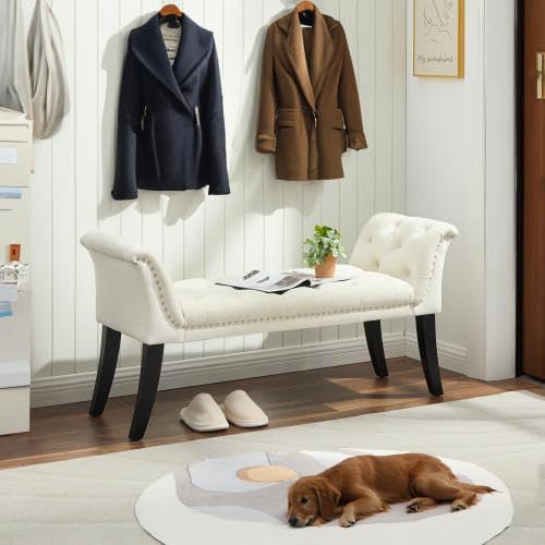Upholstered Ottoman Bench with Armrest & Button Tufting, Great for Entryway Dining Room and More