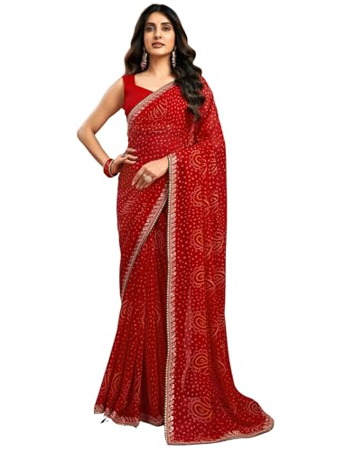 Image of SIRIL Women's Georgette Bandhani Printed Saree With Unstitched Blouse Piece