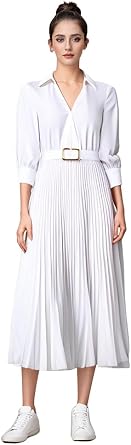 Business Casual Shirt Dress for Women Long Sleeves Pleated Midi Dresses Femininity Dress