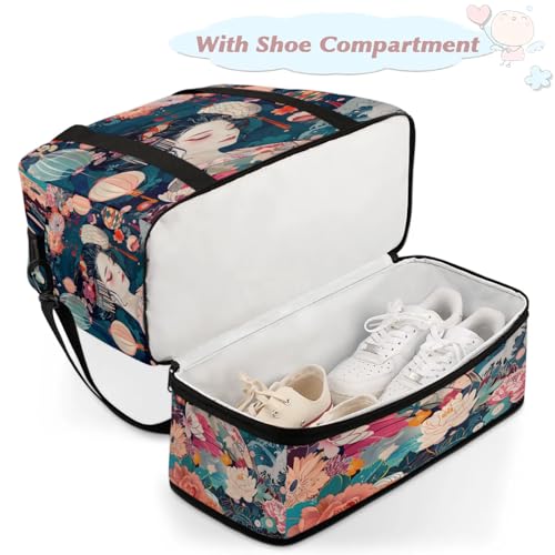 Flower Beautiful Woman Japan Travel Duffel Bags for Women & Men Large Sports Gym Bags Foldie Weekender Overnight Bag Carry On Tote Bag With Shoe Compartment Personal Item Luggage for Travel Sports Gym4