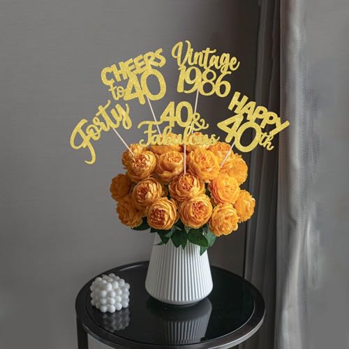 Image of 15 PCS 40th Birthday Centerpiece Sticks Double Sided Forty Happy 40th Vintage 1986 Table Flower Centerpieces Sticks Cheers to 40 Fabulous Floral Decorations for 40th Birthday Party Supplies Gold