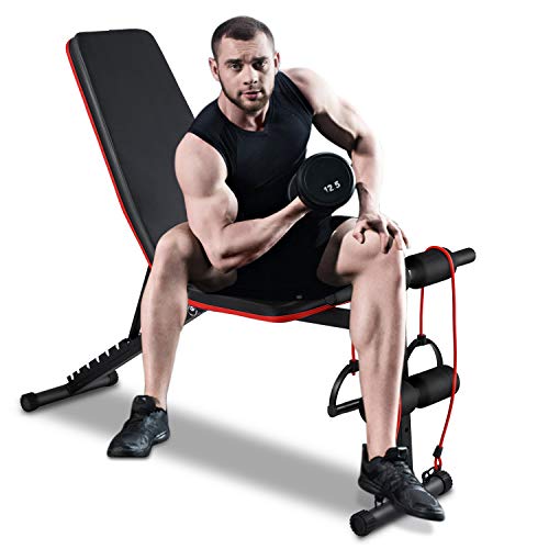 Weight Bench Adjustable, Workout Bench Press, Foldable Incline Decline Sit Up Exercise bench, Flat Strength Training Benches for Home Gym with Resistance Bands