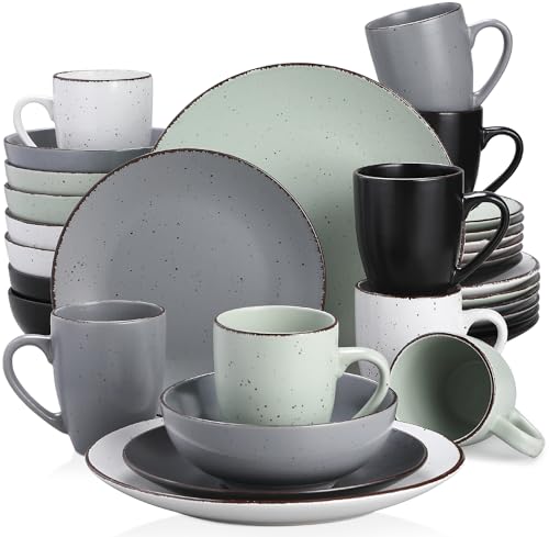 vancasso MODA Servizio da tavola, set combinato di 32 pezzi in porcellana con piatto piano, piatto da dessert, ciotola di cereali e tazza, stoviglie nero bianco grigio ciano, servizio per 8