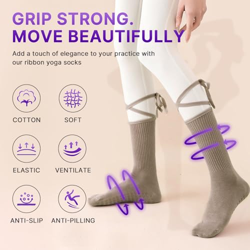 Image of Non Slip Pilates Grip Socks for Women Yoga Barre Knitted Cotton | Full Foot Sticky Silicone,Soft Breathable Comfortable,Durable Washable Anti Skid,Gentle Arch Compression Support