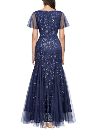 Miusol Women's Sequin Lace Deep-V Neck Tulle Mermaid Hem Evening Party Maxi Dress2