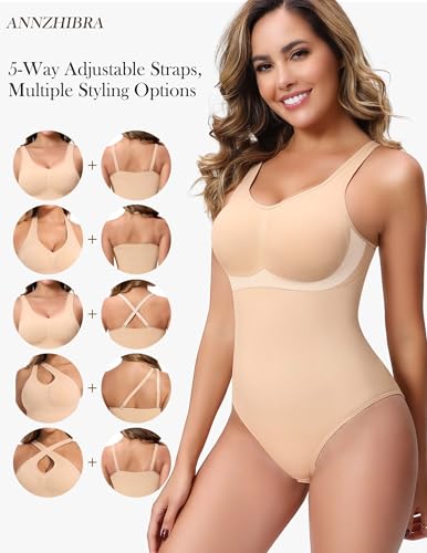 Image of Shapewear Bodysuits with Built in Bra Tummy Control Body Shaper | V Neck Wide Straps Compression Cami Faja Body Shaper with Crotch Hooks