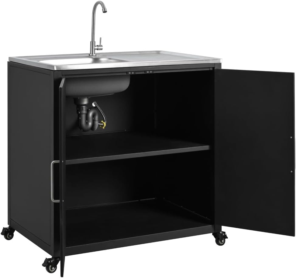Outdoor Mobile Kitchen Sink Station with Cabinet & Lockable Wheels | 304 Stainless Steel Countertop & Iron Frame | All-Weather Portable Sink Unit for Patio, Garden, Backyard (Matte Black)