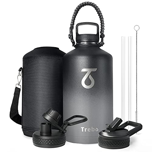 Trebo One Gallon Water Bottle Insulated with Paracord Handle,3.8 L Stainless Steel Sports Large Jug Food-Grade Double Wall Vacuum with Straw Spout Handle Lids, Leakproof Keep Cold & Hot, Dark Gray