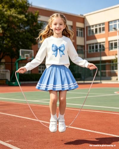 Image of Betusline Girls Skirt Set JK School Uniform 2-Piece Outfit - Short Sleeve & Webbing Solid Skirt,4-14Y