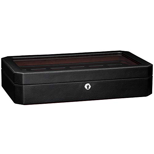 Rothwell 12 Slot Leather Watch Box - Luxury Watch Case Display Organizer, Microsuede Liner, Locking Mens Jewelry Watches Holder, Men's Storage Boxes Holder Large Glass Top (Black/Red) #TOP7