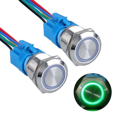 Image of 2pcs 22mm Metal Latching Push Button Switch Silver Shell with Pigtail for 7 /8 inch Mounting Hole, 12V-24V ON Off 5Pins 1NO 1NC Halo Ring Green