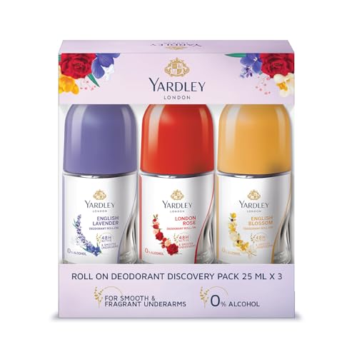 Yardley London Roll On for Women, Assorted Pack 25mlx3, for smooth & fragrant underarms, infused with natural licorice extract & floral oils