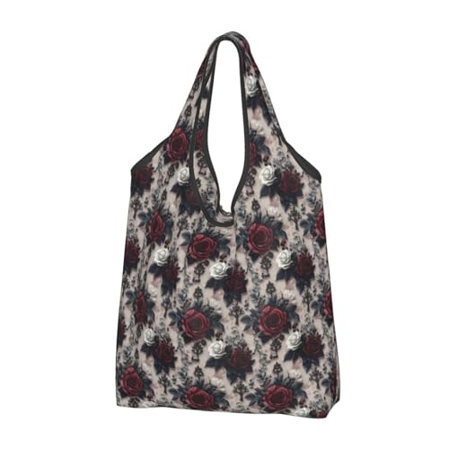 Nevjipu Bolsa grande para mujer, diseño gótico de rosas blancas y rojas, ligeras, reutilizables, plegables, cómodas bolsas de compras para comestibles, bolsa de tela, trabajo, viajes, playa con asas