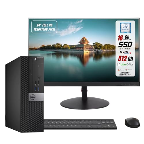 Postazione Completa Pc Desktop Dell Pronto All'Uso Intel i7-6700 4 Core 3.4Ghz, Ram 16Gb, SSD 512 Gb, Monitor 24" FHD, Windows 11, Libre Office, Compreso di Mouse e Tastiera (Ricondizionato)