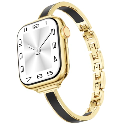 Mosonio Slim Bracelet Bands for Apple Watch Women, Elegant Thin Metal Band with Embedded Silicone Accents for iWatch, Easy-Adjust Link Strap Compatible with Apple Watch Series 11/10 (42mm), Series 9/8/7 (41mm), Series 6/5/4/SE (40mm), Series 3/2/1 (38mm) - Gold + Black by Mosonio - Used condition - US$15.38