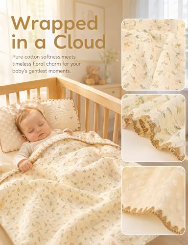 Image of Baby Blanket 40x40 Inches,Muslin Cotton and Minky Dotted Double Layer Soft Receiving Blanket for Newborn Toddler,Petite Floral