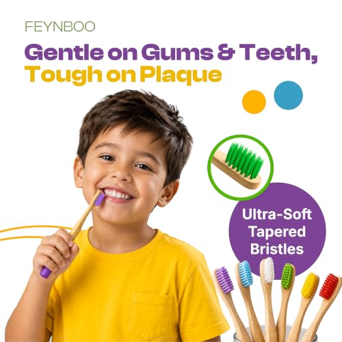 FeynBoo Kids Toothbrush with Soft Bristles 6 Pack - Toothbrush with Colorful Bamboo Handles/Kids Bamboo Toothbrushes/Kid Tooth Brush/Childrens Toothbrushes Set