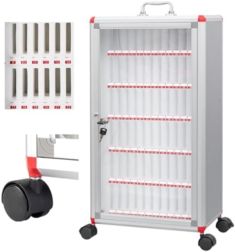 Cell Phone Locker Box with Door Locks and Keys Clear Acrylic Jail Storage Cabinet Wall Mounted,Mobile Safe Box with Universal Wheels - Aluminum Alloy Locker for School & Office - Secure 60-B